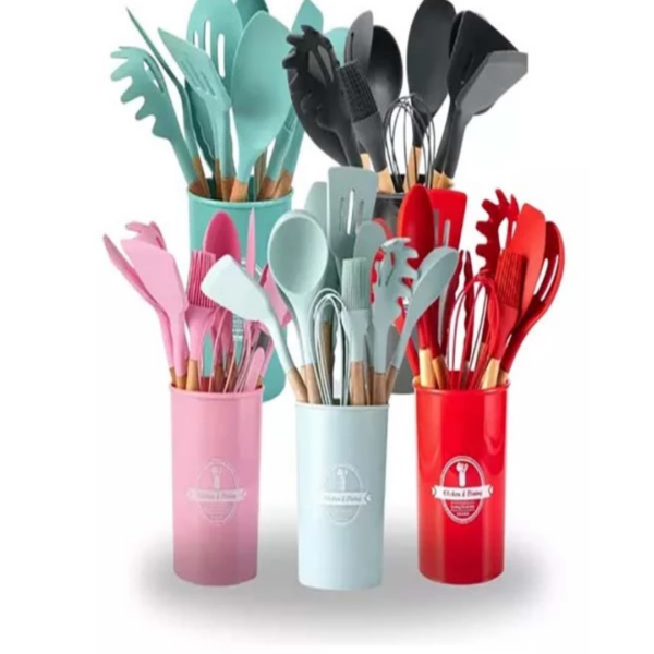 Kit 5/12 Jogo de Cozinha Silicone, Utensílios Suporte para Cozinheiro Cabo de Madeira MasterChef